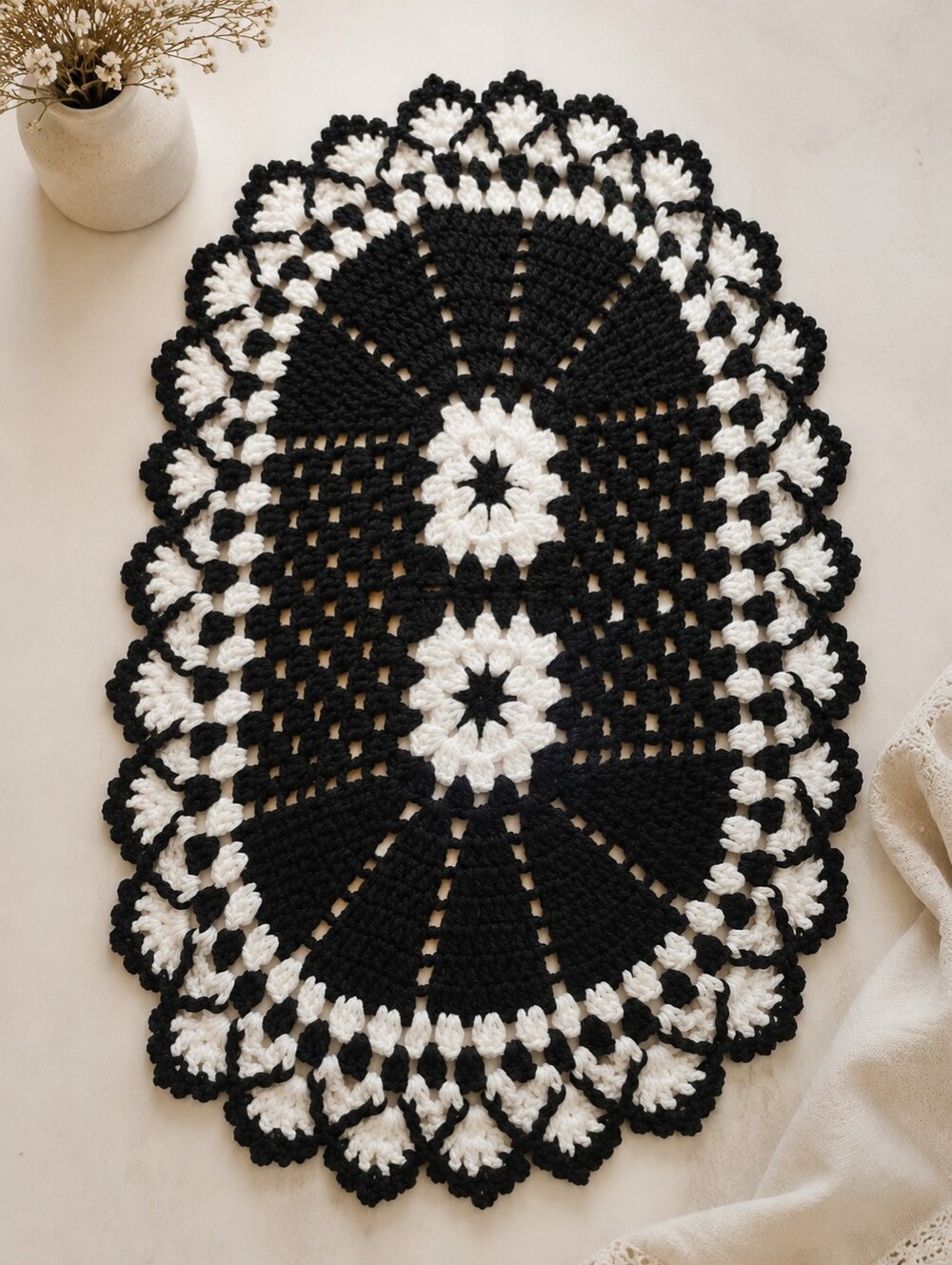 Handmade Crocheted Oval Doily - Black & White